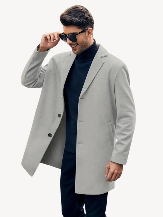 Men's Trench Coat – Tailored Fit – Wool Look – Mid-Length – Notch Lapel – 3-Button Closure