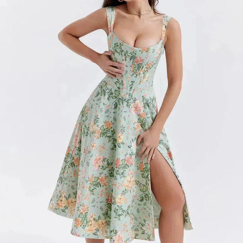 Dame Midi Kjole – Korsetliv – Brede Stropper – Blomsterprint – Slids – Let Stof