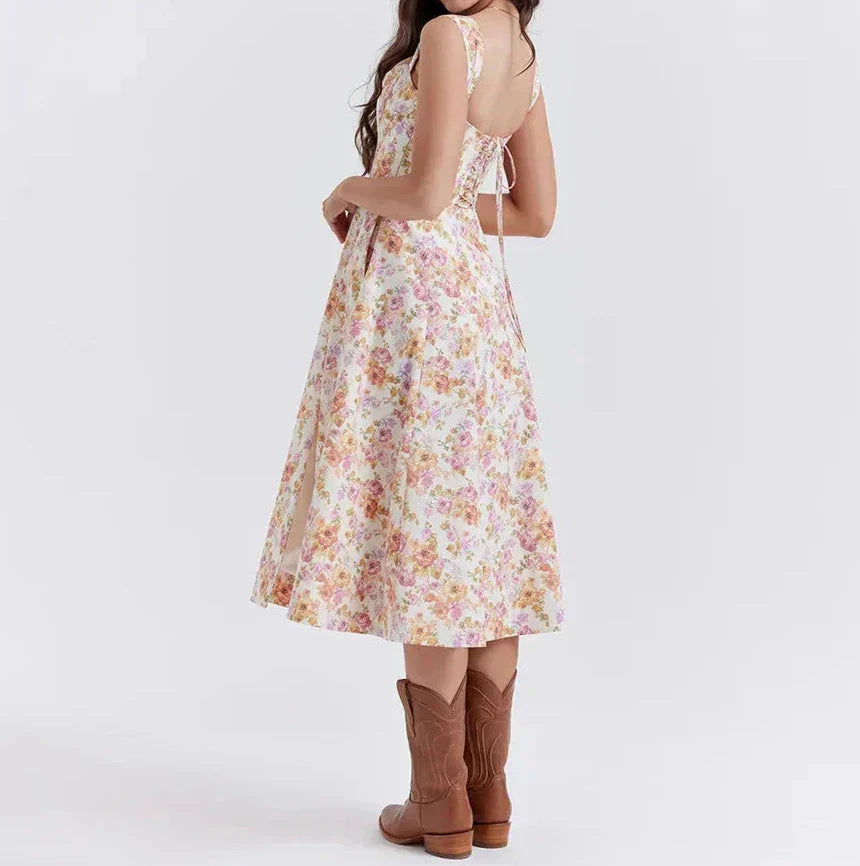Dame Midi Kjole – Korsetliv – Brede Stropper – Blomsterprint – Slids – Let Stof