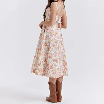 Dame Midi Kjole – Korsetliv – Brede Stropper – Blomsterprint – Slids – Let Stof