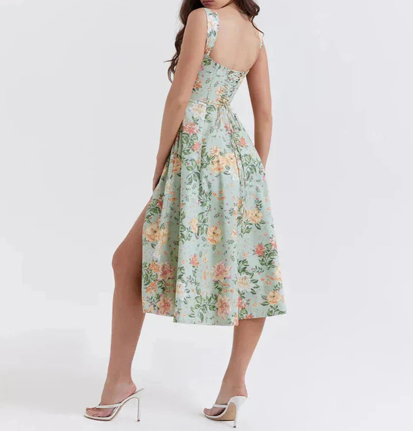 Dame Midi Kjole – Korsetliv – Brede Stropper – Blomsterprint – Slids – Let Stof