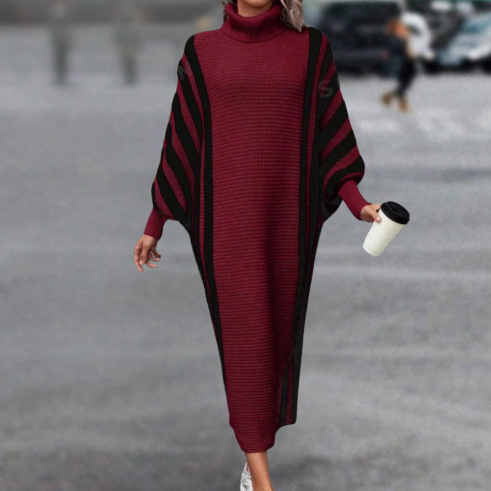 Women's Knit Dress - Turtleneck - Long Batwing Sleeves - Ribbed Ankle-Length Comfort