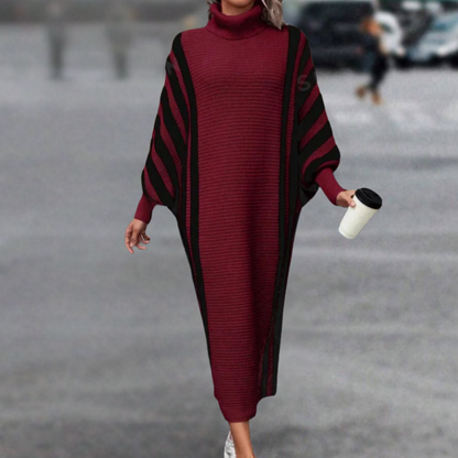 Women's Knit Dress - Turtleneck - Long Batwing Sleeves - Ribbed Ankle-Length Comfort