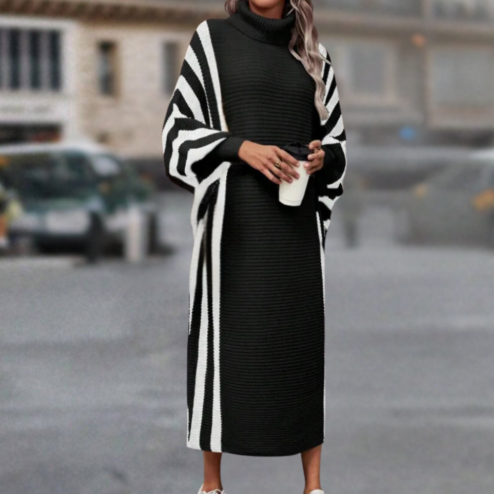 Women's Knit Dress - Turtleneck - Long Batwing Sleeves - Ribbed Ankle-Length Comfort