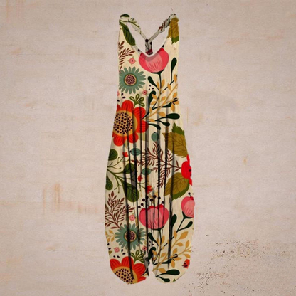 Women's Jumpsuit – Loose-Fitting Harem Style – Sleeveless V-Neck – Bohemian Casual Look