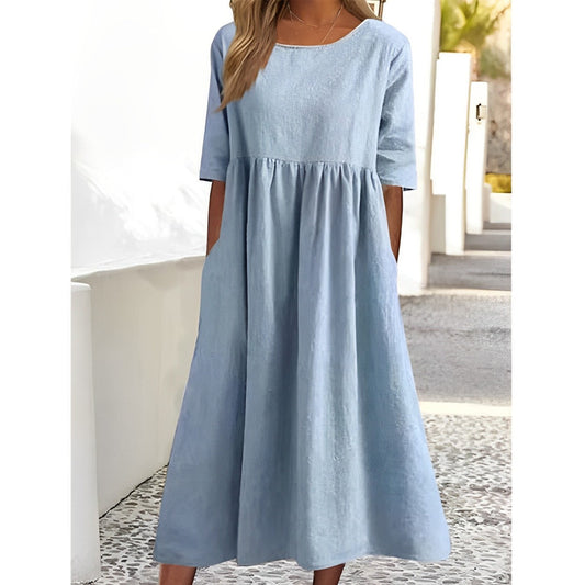 Women's Midi Dress - Breathable Cotton Linen - Loose Fit - With Pockets