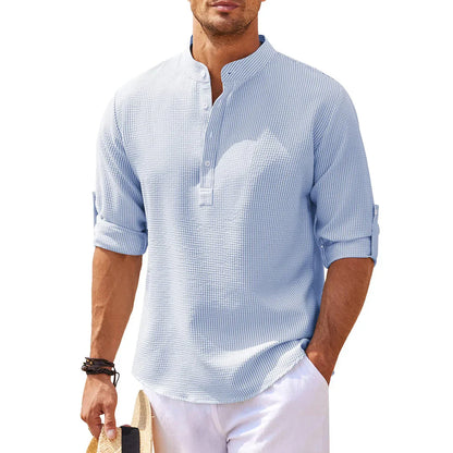 Men's Shirt – Relaxed Fit – Breathable Lightweight Fabric – Mandarin Collar – Roll-Up Sleeves