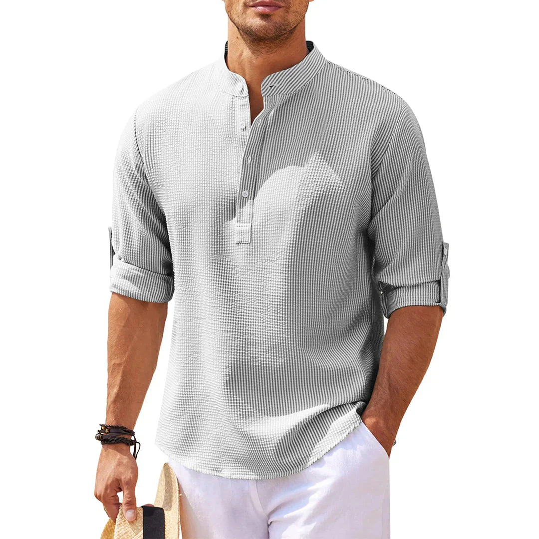Men's Shirt – Relaxed Fit – Breathable Lightweight Fabric – Mandarin Collar – Roll-Up Sleeves