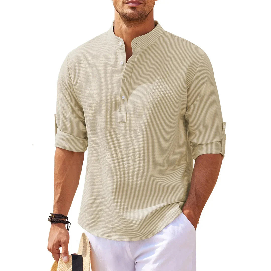 Men's Shirt – Relaxed Fit – Breathable Lightweight Fabric – Mandarin Collar – Roll-Up Sleeves