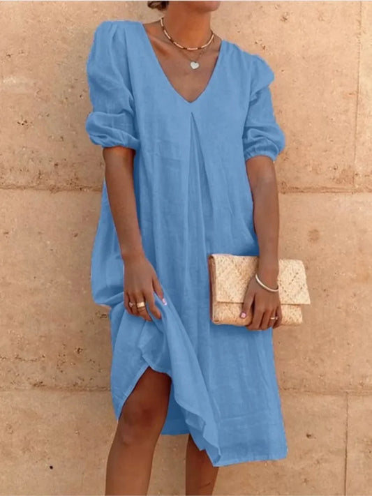 Women's Midi Dress – Relaxed Fit – V-Neck – Puff Sleeves – Light and Breathable