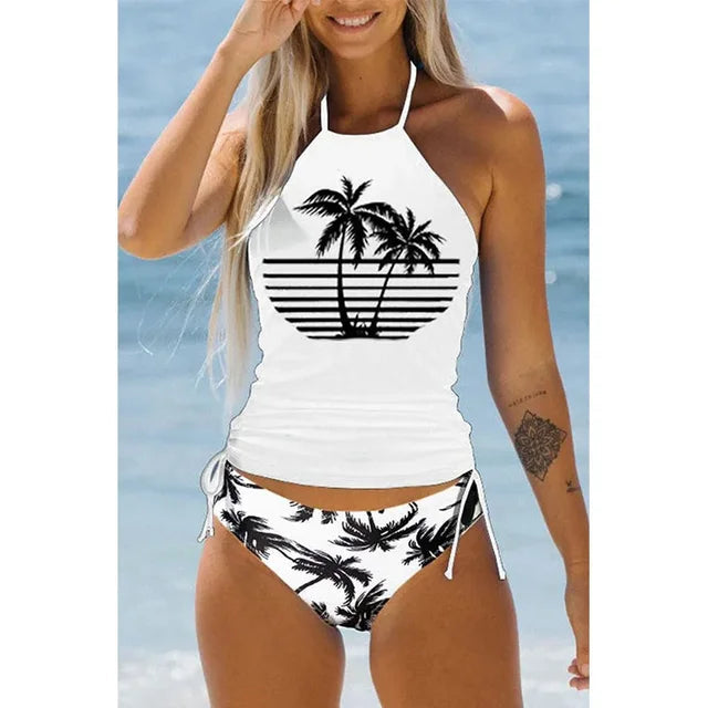 Swimsuit for Women – Halterneck Top – Tropical Print – Adjustable Bikini Bottom