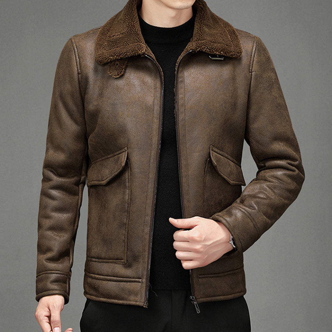Men's Jacket – Structured Fit – Leather Look – Shearling Collar – Zipper – Flap Pockets