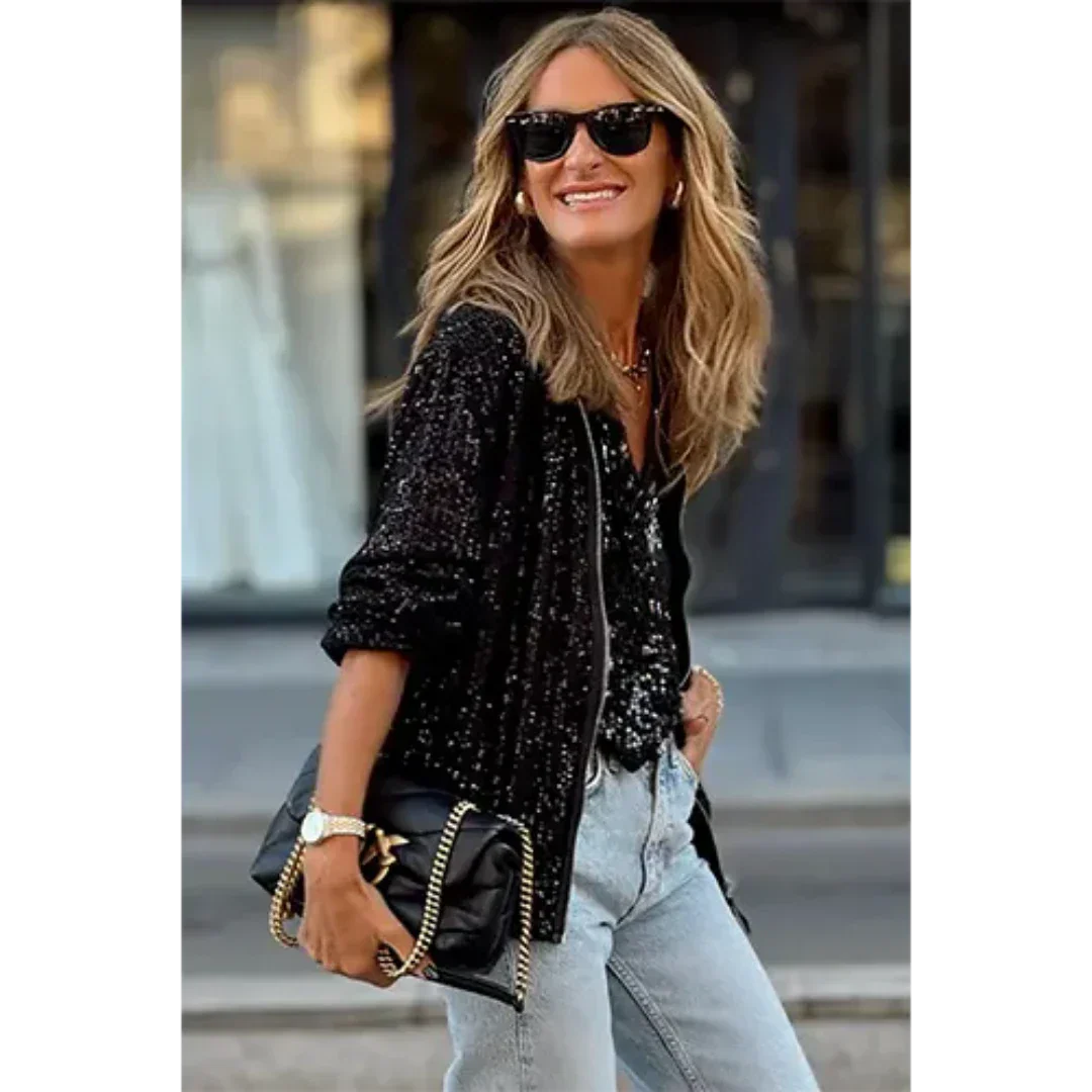 Women's Bomber Jacket – Relaxed Fit – Sequin Design – Zipper – Ribbed Hem