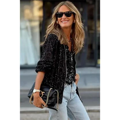 Women's Bomber Jacket – Relaxed Fit – Sequin Design – Zipper – Ribbed Hem