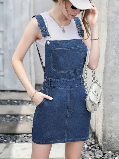 Dame Overall Kjole - Denim - Ærmeløs Justerbare Stropper - Casual Trendy Look