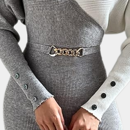 Women's Knitted Bodycon Dress – V-neck – Long-sleeved – Chain Detail at the Waist