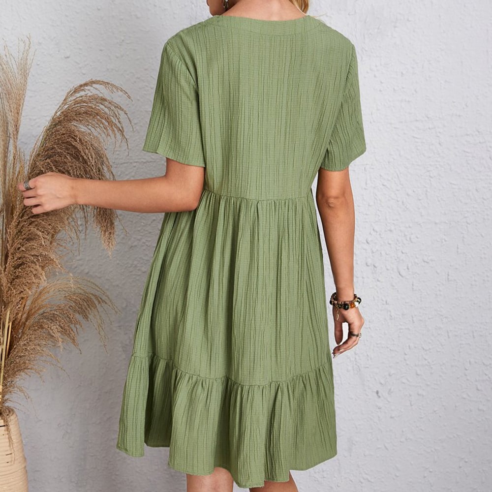 Woman Dress - Loose Fit - V-neck - Short Sleeves - Light and Airy