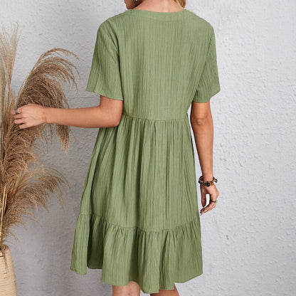 Woman Dress - Loose Fit - V-neck - Short Sleeves - Light and Airy
