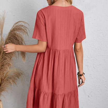 Woman Dress - Loose Fit - V-neck - Short Sleeves - Light and Airy