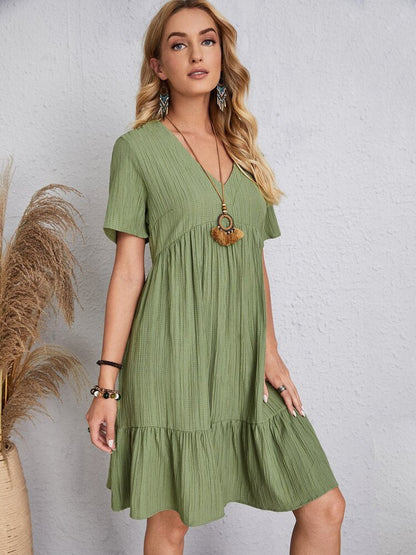 Woman Dress - Loose Fit - V-neck - Short Sleeves - Light and Airy