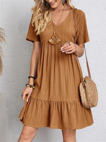 Woman Dress - Loose Fit - V-neck - Short Sleeves - Light and Airy
