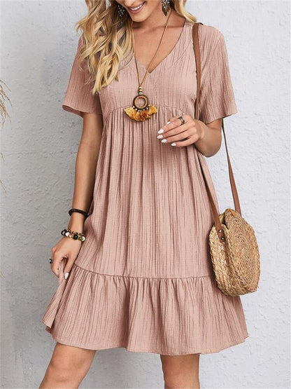 Woman Dress - Loose Fit - V-neck - Short Sleeves - Light and Airy