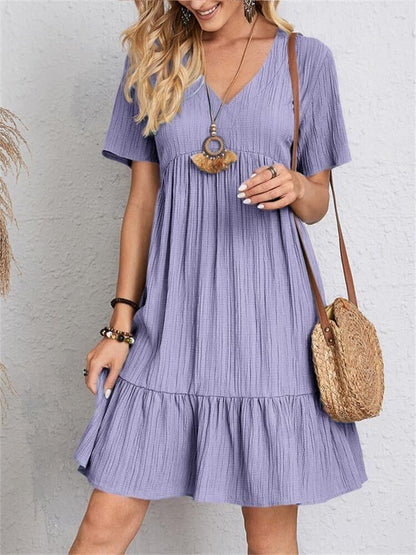 Woman Dress - Loose Fit - V-neck - Short Sleeves - Light and Airy
