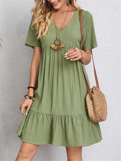 Woman Dress - Loose Fit - V-neck - Short Sleeves - Light and Airy