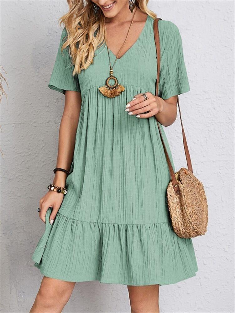 Woman Dress - Loose Fit - V-neck - Short Sleeves - Light and Airy