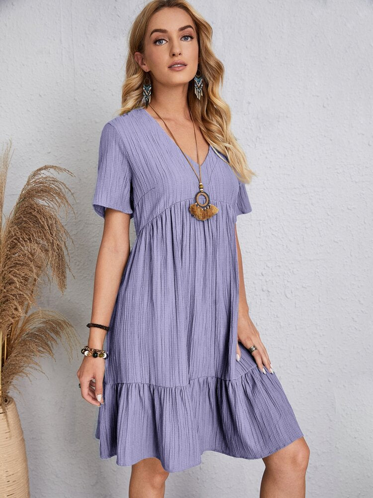 Woman Dress - Loose Fit - V-neck - Short Sleeves - Light and Airy