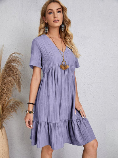 Woman Dress - Loose Fit - V-neck - Short Sleeves - Light and Airy