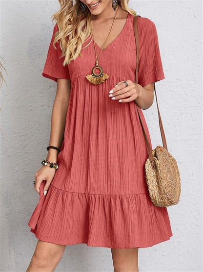 Woman Dress - Loose Fit - V-neck - Short Sleeves - Light and Airy