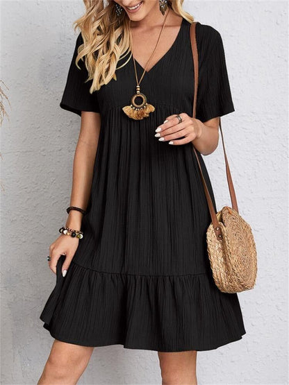 Woman Dress - Loose Fit - V-neck - Short Sleeves - Light and Airy