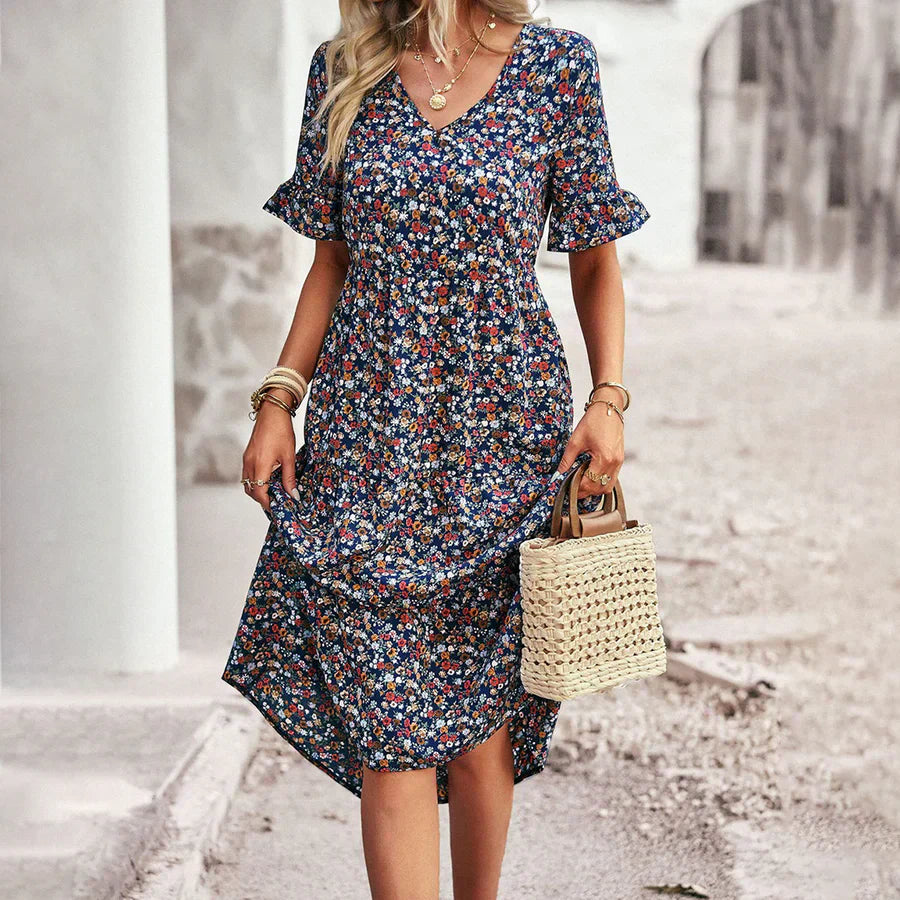 Women's Midi Dress – Relaxed Fit – V-Neck – Ruffle Sleeves – Lightweight and Breathable