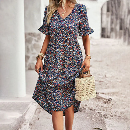 Women's Midi Dress – Relaxed Fit – V-Neck – Ruffle Sleeves – Lightweight and Breathable