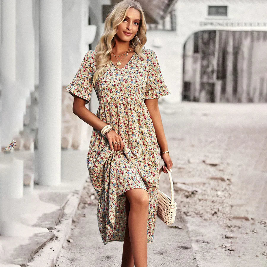 Women's Midi Dress – Relaxed Fit – V-Neck – Ruffle Sleeves – Lightweight and Breathable