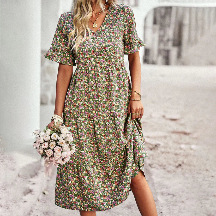 Women's Midi Dress – Relaxed Fit – V-Neck – Ruffle Sleeves – Lightweight and Breathable