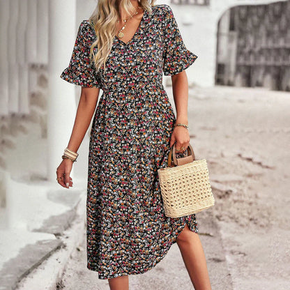 Women's Midi Dress – Relaxed Fit – V-Neck – Ruffle Sleeves – Lightweight and Breathable