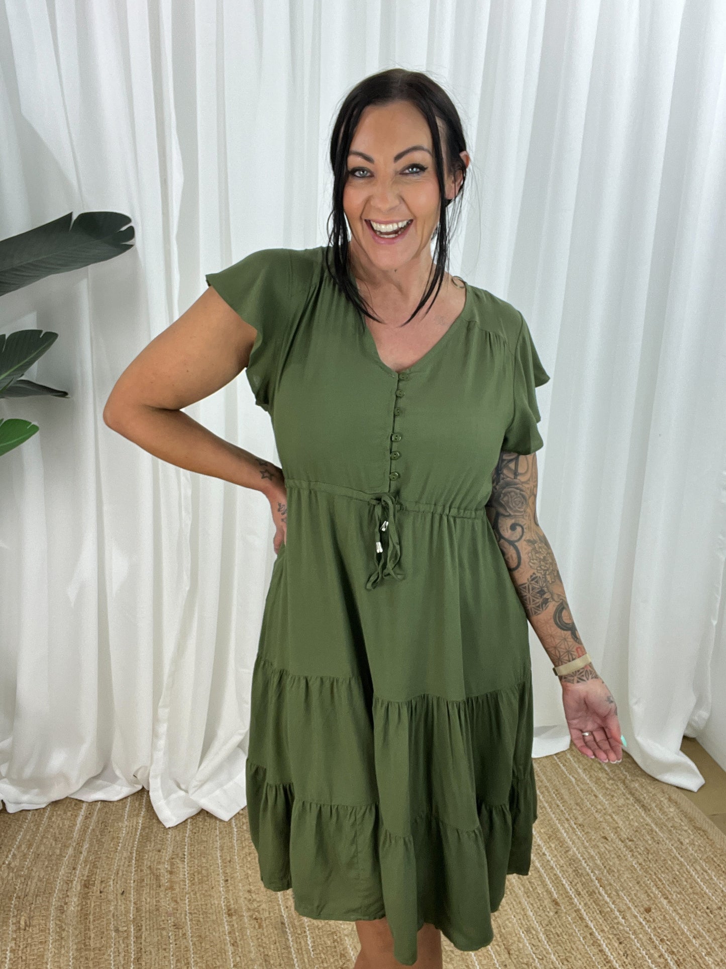 Women's Dress - V-neck - Button Closure - Adjustable Waist - Short Sleeves - Loose Fit