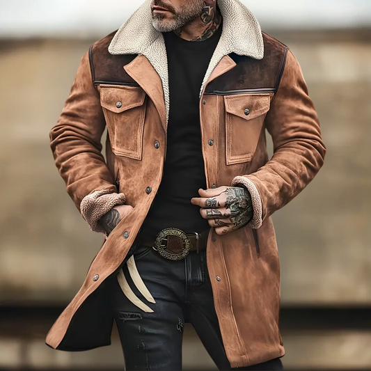 Men's Jacket – Tailored Fit – Shearling Collar – Suede Texture – Mid-Length