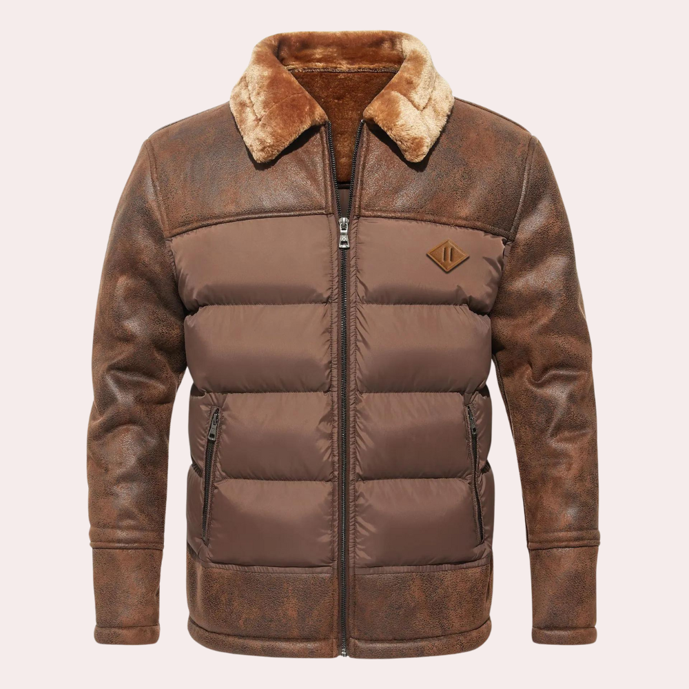 Men’s Jacket - Mixed Material - Hip Length - Stand Collar - Quilted Design