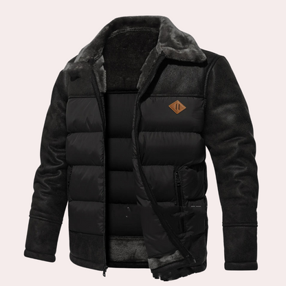 Men’s Jacket - Mixed Material - Hip Length - Stand Collar - Quilted Design