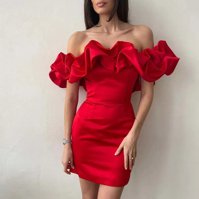 Women's Off-Shoulder Mini Dress - Elegant Ruffle Sleeves - Fitted Party Dress