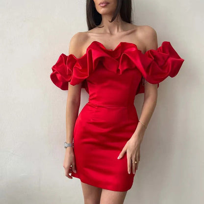 Women's Off-Shoulder Mini Dress - Elegant Ruffle Sleeves - Fitted Party Dress