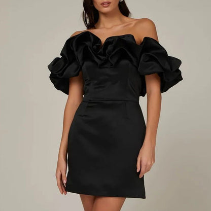 Women's Off-Shoulder Mini Dress - Elegant Ruffle Sleeves - Fitted Party Dress