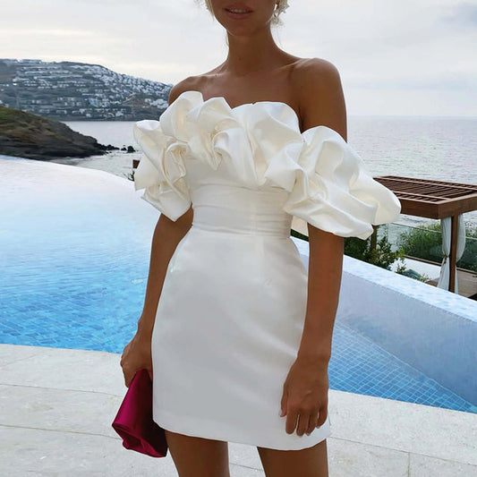 Women's Off-Shoulder Mini Dress - Elegant Ruffle Sleeves - Fitted Party Dress