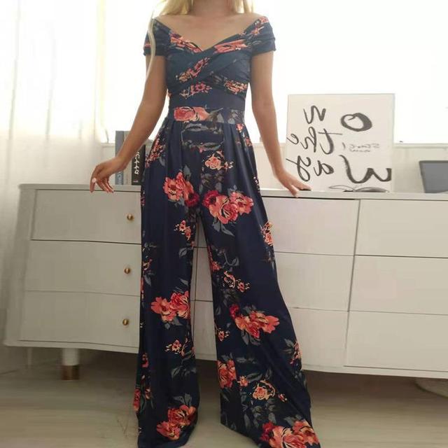 Women's Jumpsuit – Off Shoulder – Floral Print – Short Sleeve – Wide Legs – Elegant Fit