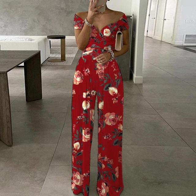 Women's Jumpsuit – Off Shoulder – Floral Print – Short Sleeve – Wide Legs – Elegant Fit
