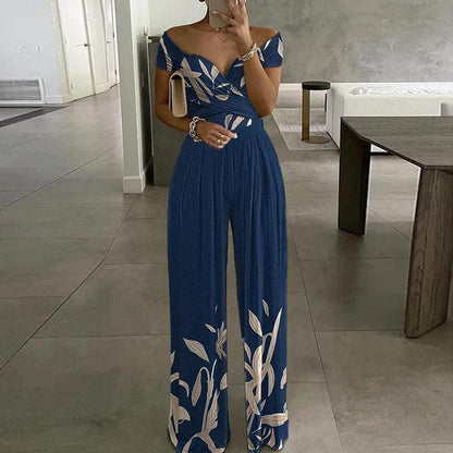 Women's Jumpsuit – Off Shoulder – Floral Print – Short Sleeve – Wide Legs – Elegant Fit