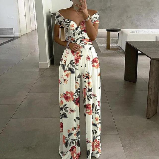 Women's Jumpsuit – Off Shoulder – Floral Print – Short Sleeve – Wide Legs – Elegant Fit